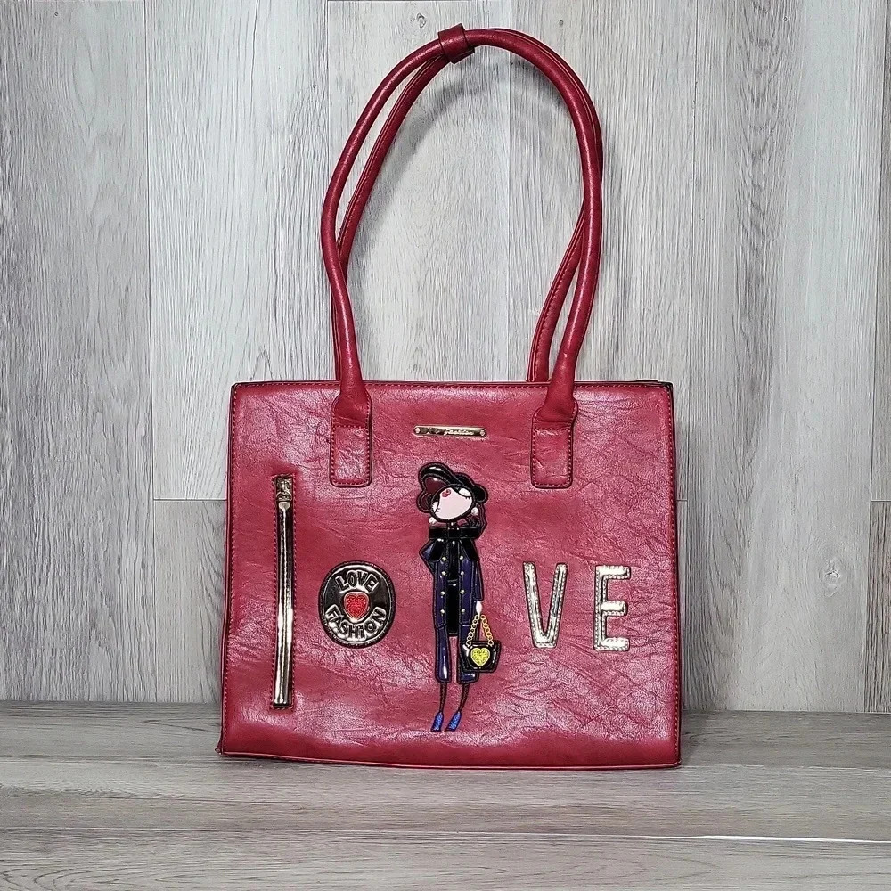 I Love Fashion Faux Leather Red Multi Pocket Shoulder Bag